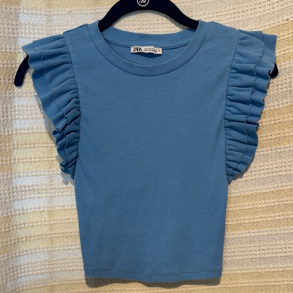 Zara Girls Blue Ribbed Ruffle Sleeve Top | Flutter Sleeve Tee | Size S (Kids)
